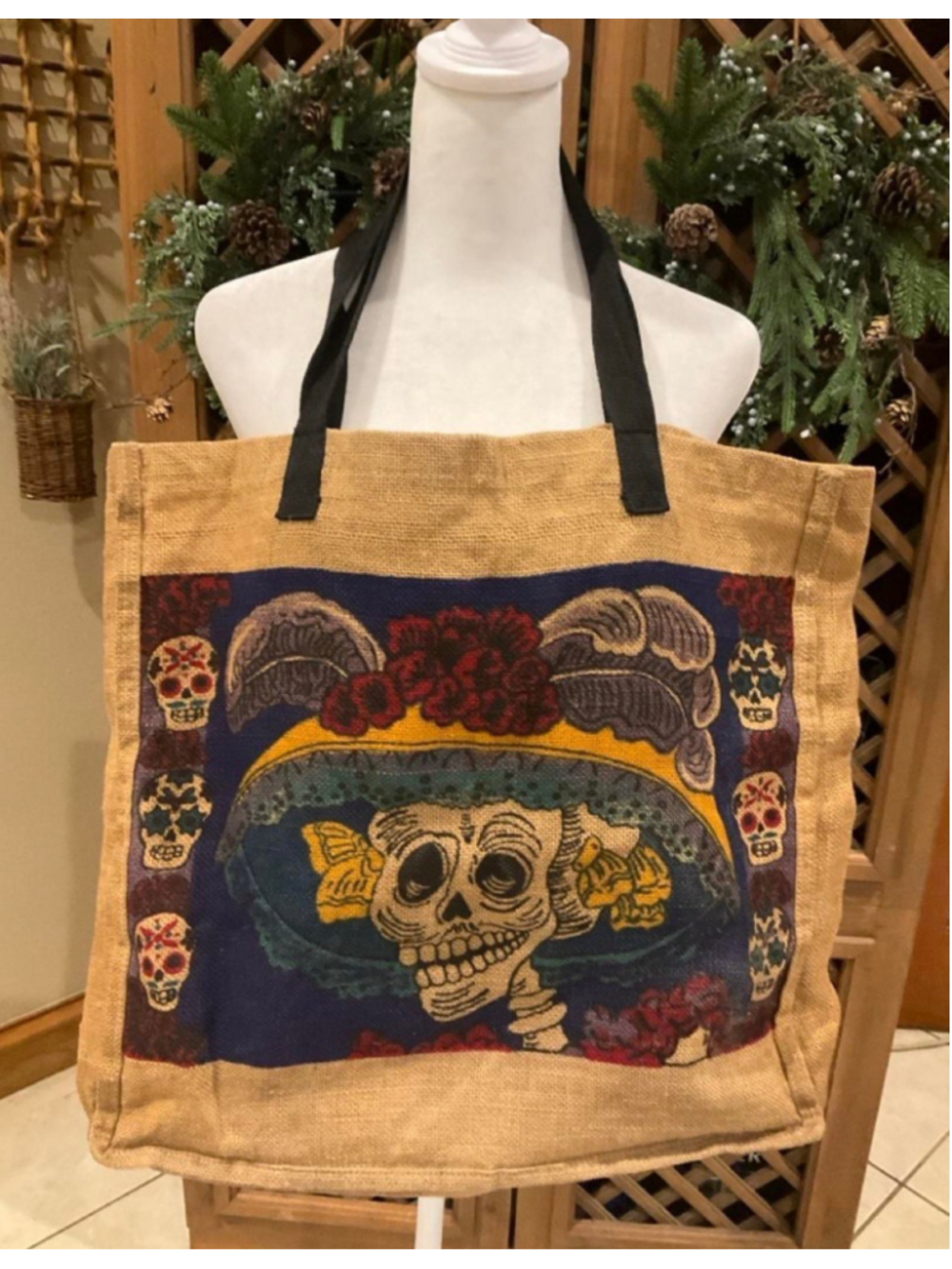 El Paso Saddleblanket Co Jute Tote Bag Day of the Dead La Catrina Sugar Skull